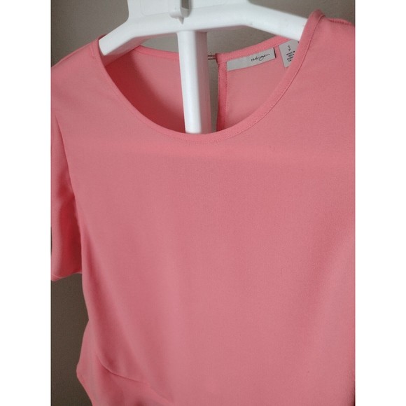 Women's Pink Blouse Ruffle Formal Crepe Short Sleeve Crewneck Button Back Size S - Picture 7 of 12